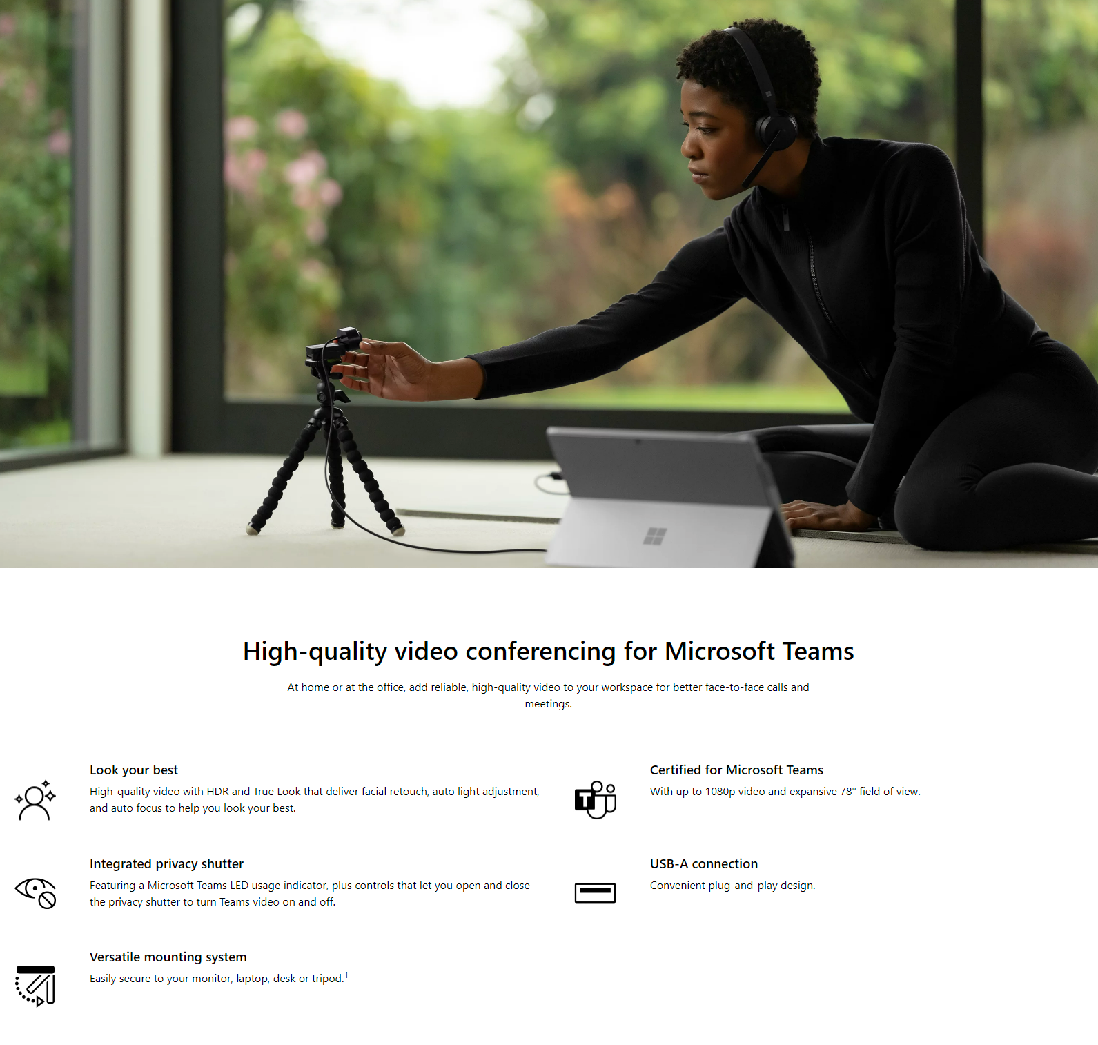 A large marketing image providing additional information about the product Microsoft Modern HDR 1080p30 Full HD Webcam  - Additional alt info not provided